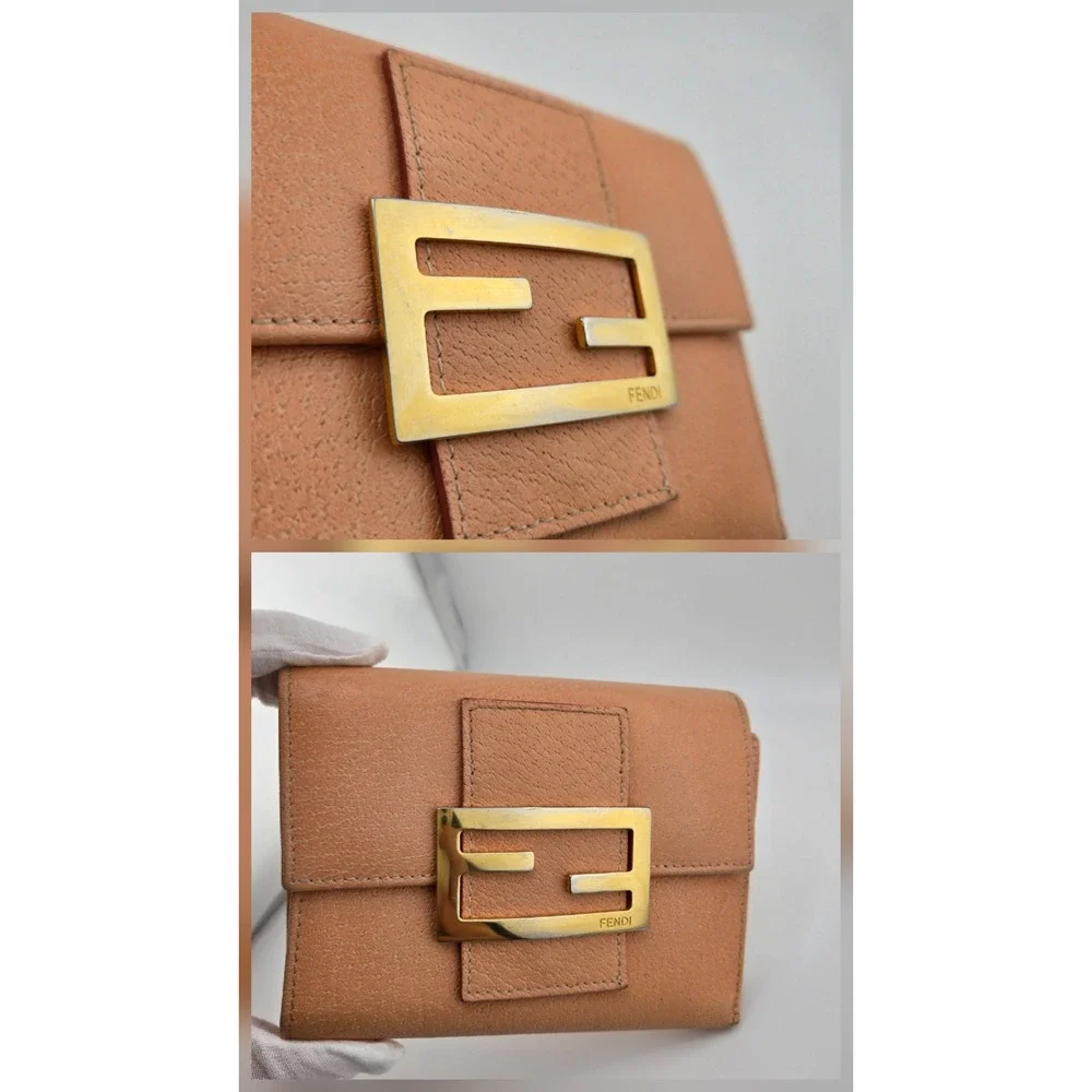 Fendi Peach Leather FF Logo Buckle Trifold Wallet Gold Hardware Compact